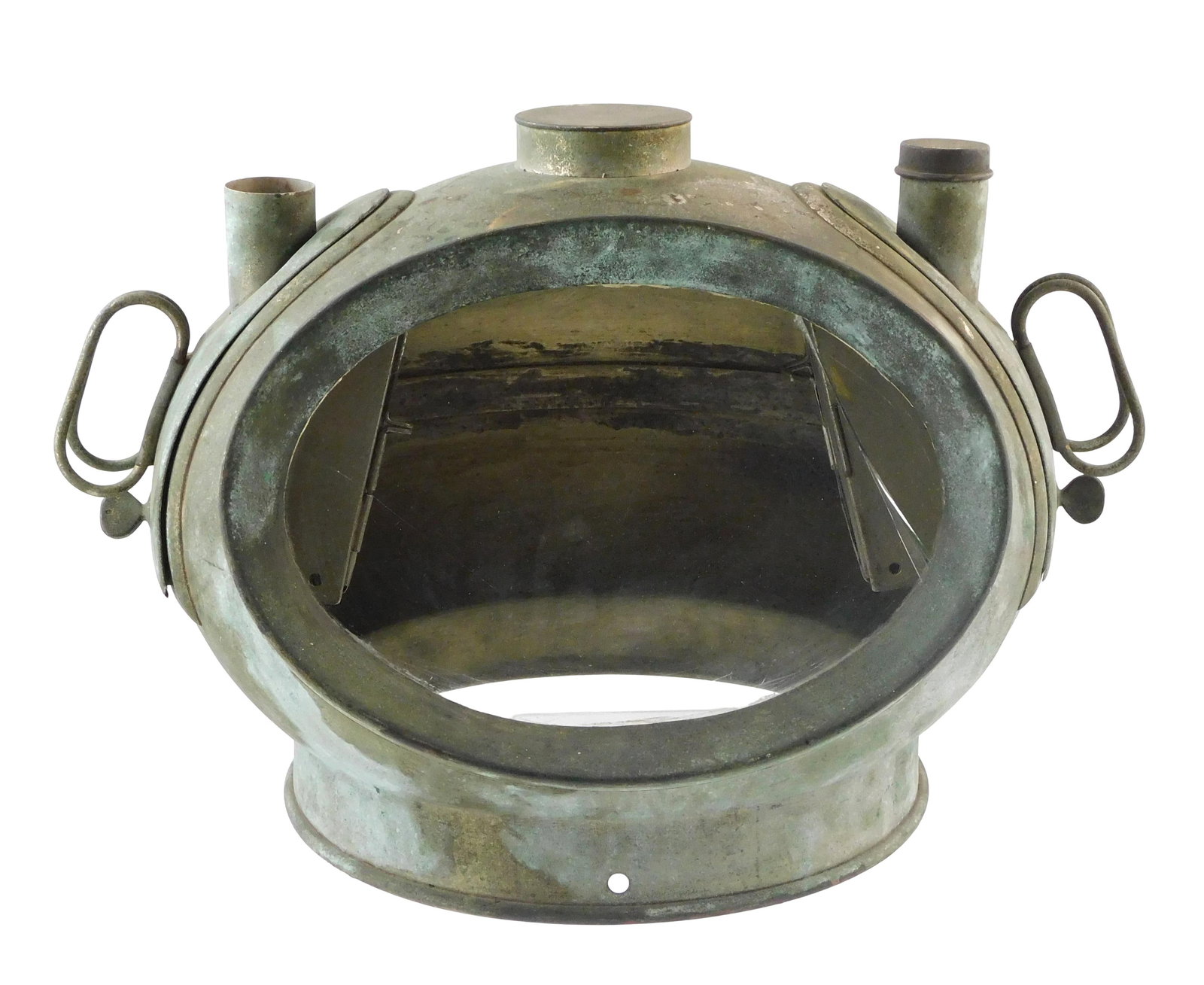 Yacht binnacle cover, early 20th C., likely by Baker Compass Co., Mass, metal frame including brass: Yacht binnacle cover, early 20th C., likely by Baker Compass Co., Mass, metal frame including brass with oval glass face, flanked on top with twin removeable compartments for kerosene lamps with air v