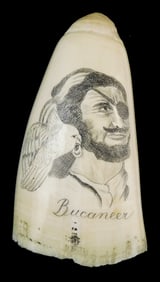 SCRIMSHAW: "Buccaneer", engraved whale tooth depicting pirate with eye patch, parrot and hoop