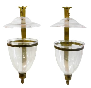 Pair of Federal style brass and glass hurricane sconces, mid 20th C., in three parts, blown glass