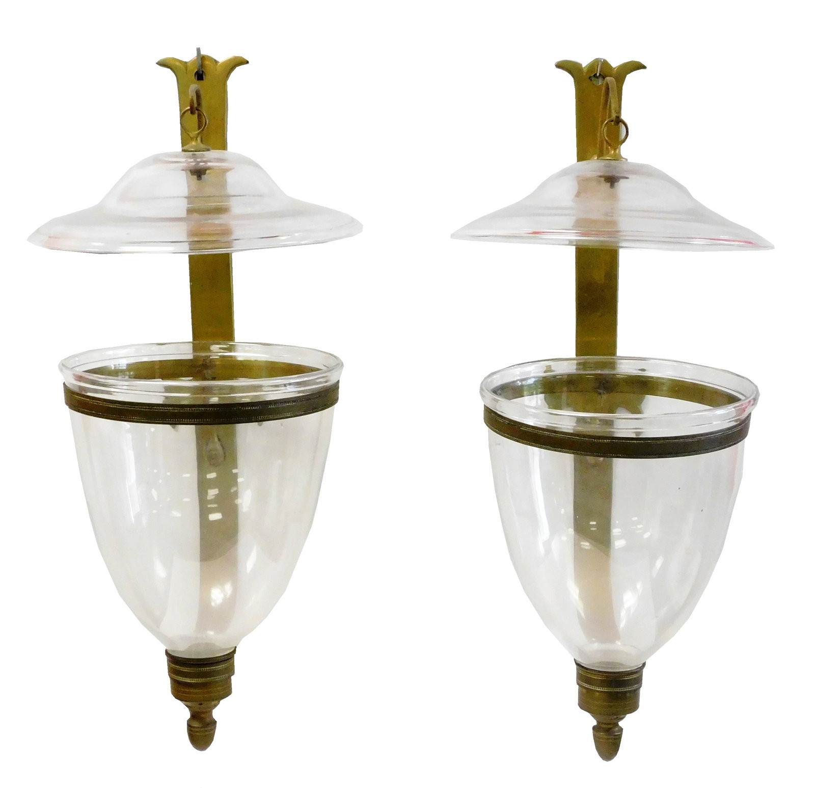 Pair of Federal style brass and glass hurricane sconces, mid 20th C., in three parts, blown glass: Pair of Federal style brass and glass hurricane sconces, mid 20th C., in three parts, blown glass shades with curled rim lip, brass mounting with paw foot and beaded trim, no maker's marks viewed, wea