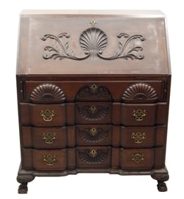 + Slant Lid Desk, American, 19th - 20th C., mahogany, cherry, lid opening to six cubbies over eight