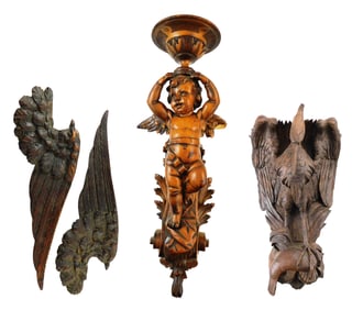 Carved wooden wall mounts, 20th C., four pieces, including: wall mounted shelf base featuring heron