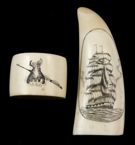 SCRIMSHAW: Two engraved whale teeth: a vertically oriented ship with full sails signed "othorr" or