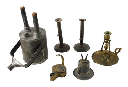 Early brass lighting, six pieces, details include: 19th C. double burner torch, tin canister with