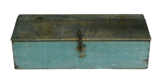 Storage tool chest, American, 19th C., poplar in blue paint, dovetailed construction, canted lid,