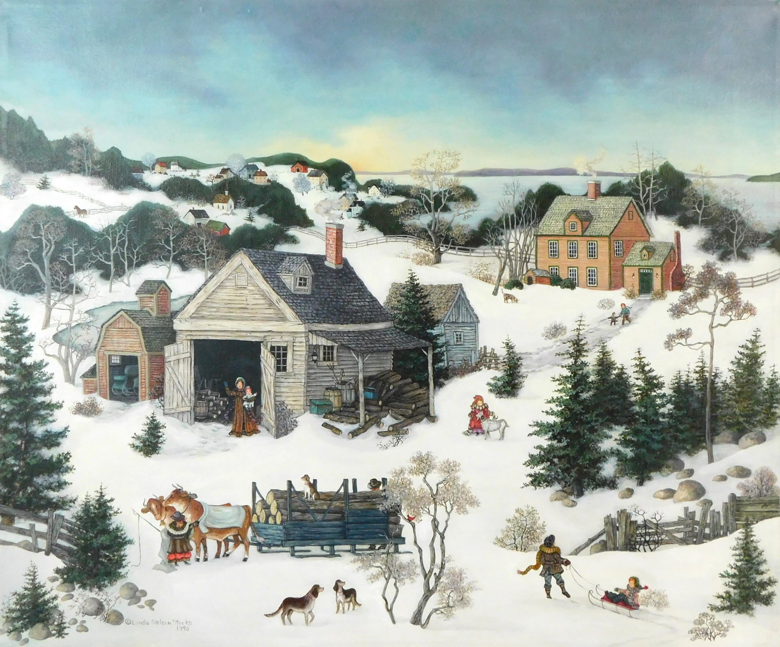 Linda Nelson Stocks (American, 1938 - 2011), "Untitled (winter scene)", oil, 1990, signed and dated: Linda Nelson Stocks (American, 1938 - 2011), "Untitled (winter scene)", oil, 1990, signed and dated lower left, depicts idyllic New England winter day on a lake side village, ground is snow covered, a