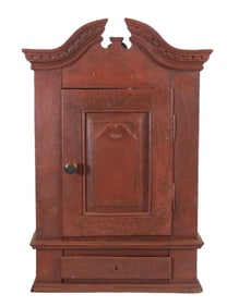 Hanging cupboard, American, 18th C, hardwood (possibly walnut), pine, in red paint, probably a table