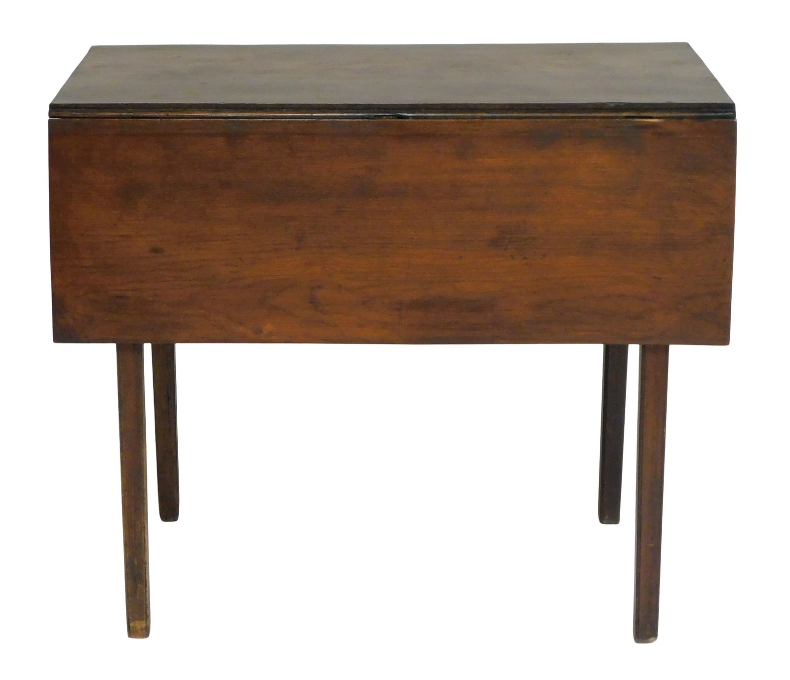 Drop leaf table, American, c.1800, cherry and maple, brown stain finish, oblong top and leaves,: Drop leaf table, American, c.1800, cherry and maple, brown stain finish, oblong top and leaves, straight beaded legs with shaped end aprons, wear consistent with age and use including patches to cente