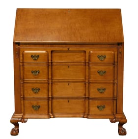 +Slant lid desk, Chippendale style reproduction in figured maple, blocked and recessed front, lid