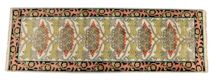RUG: William Morris Arts and Crafts style runner, 2' 8" x 7' 10", wool on cotton, celadon, salmon