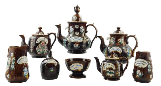 Measham Majolica Bargeware, eight pieces, English, 1870 - 1910, earthenware with lead-glaze, thrown