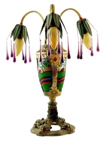 Art Nouveau epergne table lamp with pictorial faceted glass paneled body, base has ornate dolphin