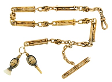 JEWELRY: Victorian style yellow gold pocket watch fob and pendants, tested 14K, longer links with