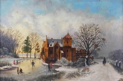 Continental oil on panel, 19th C., depicts Winter landscape brick castle at center, ice skaters on