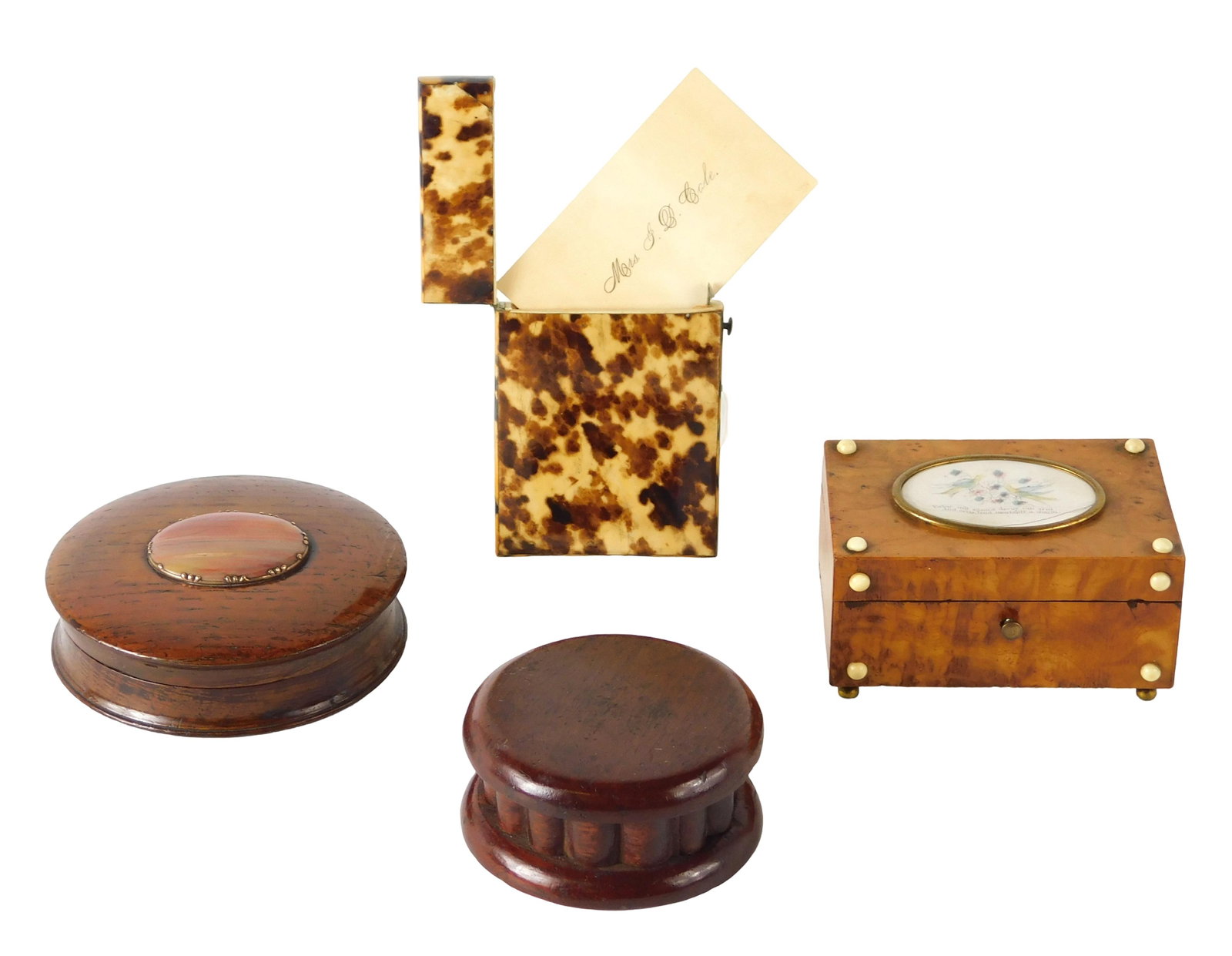 Four small boxes, 19th/20th C., details include: wooden box carved from beam of Windsor Castle,: Four small boxes, 19th/20th C., details include: wooden box carved from beam of Windsor Castle, interior silvertone plaque reads: “This box was made from part of a beam in Windsor Castle placed ther