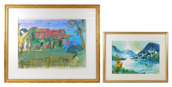 Two vibrant watercolors, details include: Margaret Consley, "Fjord", 1968, watercolor, signed and