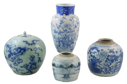 ASIAN: Blue and white ceramic vases, four pieces, details include: celadon blue underglaze pot with
