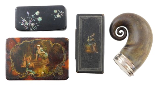 Four assorted small boxes, 19th/20th C., including: curled horn snuff box with tested silver etched