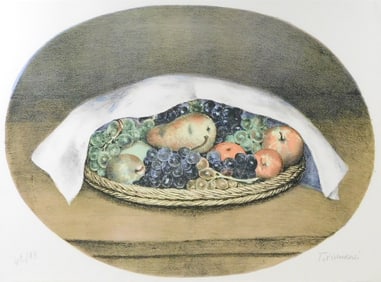 Nino Giovanni Tirinnanzi (Italian, 1923 - 2002), still life of fruit covered by cloth, lithograph,