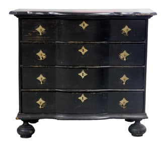 Four drawer chest, Continental, 18th C., pine, black painted finish, shaped and swelled top over