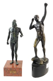 SCULPTURE: Two classical male bronzes, the first a MET reproduction of the "Riace Warrior", green