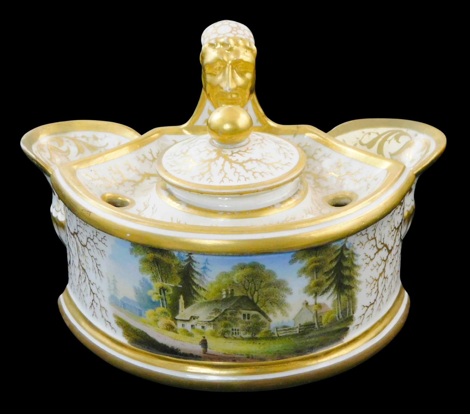 Flight, Barr and Barr Worcester inkwell, c. 1820, hand-painted porcelain seaweed and masque motif,: Flight, Barr and Barr Worcester inkwell, c. 1820, hand-painted porcelain seaweed and masque motif, landscape scene painted at front and identified verso as "Binsted Cottage & Church, Isle Of Wight", s