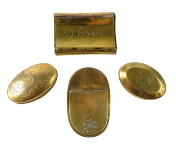 Four brass boxes, 19th/20th C., two curved for tobacco and two ovoid, the first ovoid box with
