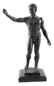 SCULPTURE: After Rodin, nude male with outstretched hand, patinated bronze on marble plinth, base