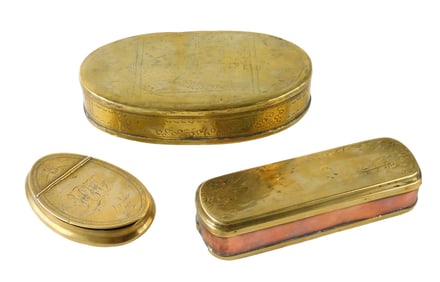 + Three brass tobacco and other boxes, 19th/20th C., largest ovoid box with fishing scene engraved