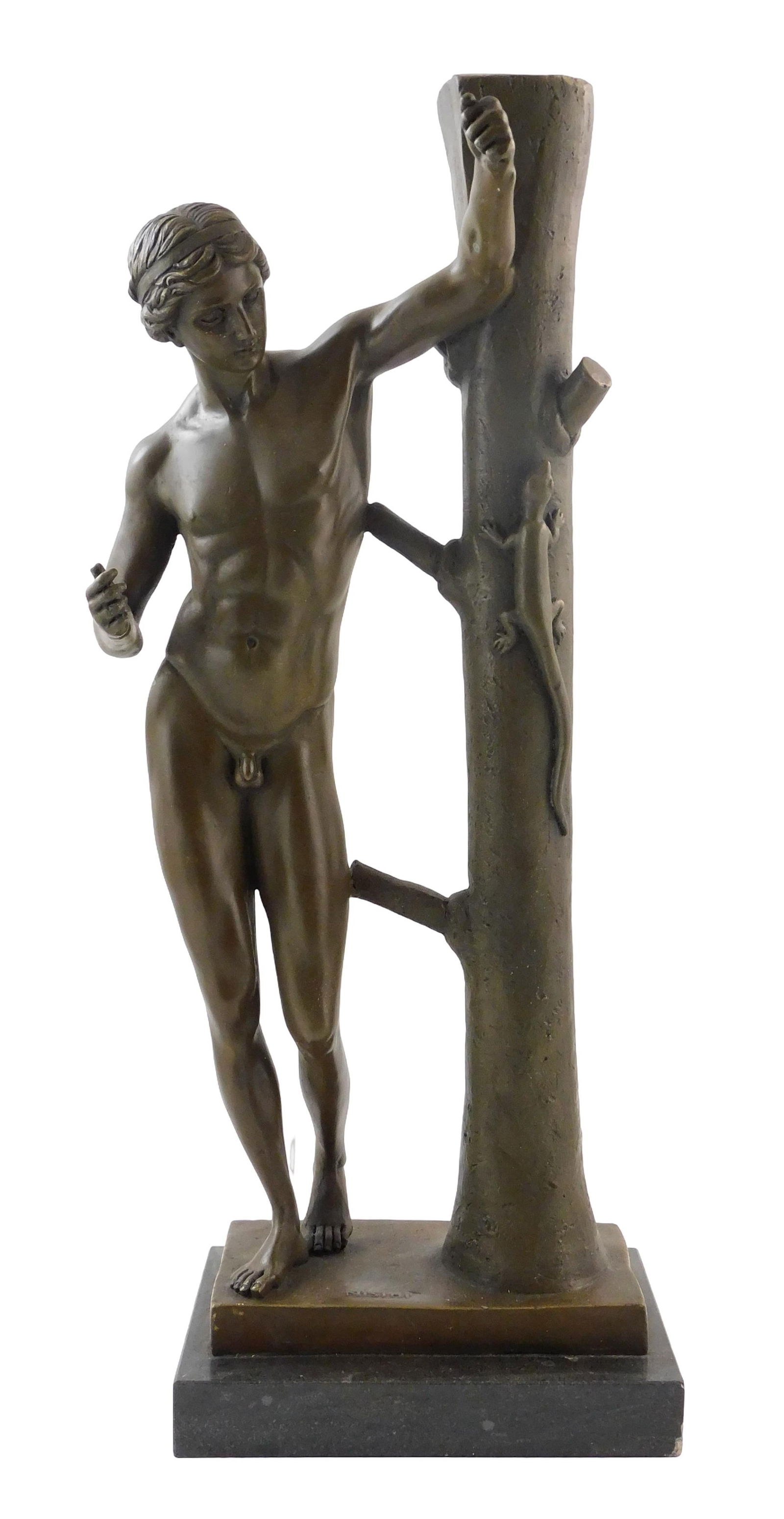 SCULPTURE: After Giovanni Nisini, classical bronze, nude male standing against tree, watching a: SCULPTURE: After Giovanni Nisini, classical bronze, nude male standing against tree, watching a lizard, marble plinth, signature in base, expected surface wear, including oxidation and pitting, 21 3/4