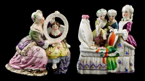 Two 19th C. Continental porcelain figural inkwells: largest of three young ladies watching a pet