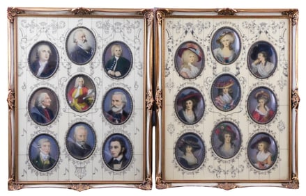 MINIATURE PORTRIAT: Two framed collections of hand painted Continental miniatures, one depicting