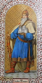 Hand painted tile mosaic portrait of Charlemagne (Carolus Magnus), 20th C., he stands in royal blue