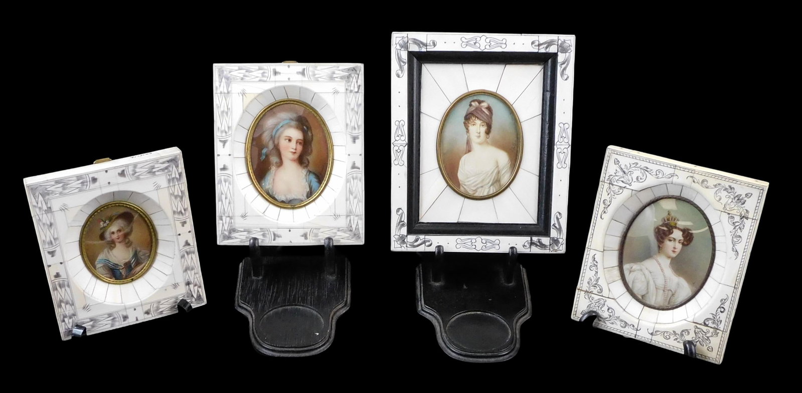 MINIATURE PORTRIAT: Four hand painted Continental miniatures featuring women, 19th C., all in: MINIATURE PORTRIAT: Four hand painted Continental miniatures featuring women, 19th C., all in bone-type etched frames, all signed, details include After Franz Seraph Hanfstaengl of royal woman with sm