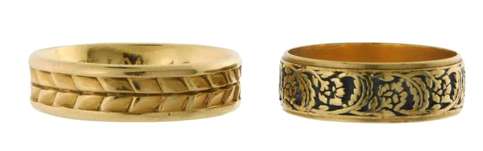 JEWELRY: 14k yellow gold engraved wedding bands, both tested, both smaller rings are stamped "14k",