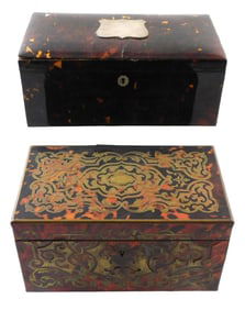 Two tortoiseshell boxes, late 19th C., including Boulle tea caddy, brass inlaid into tortoiseshell