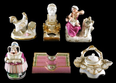 19th C. English and French porcelain inkwells and pen rest, six pieces, pieces include: four figural