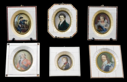 Six hand painted Continental miniatures, 19th C., all in bone-type frames, most with tortoiseshell