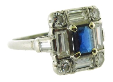 JEWELRY: Platinum Sapphire and Diamond ring, setting stamped and tested “PLATINUM??, square top