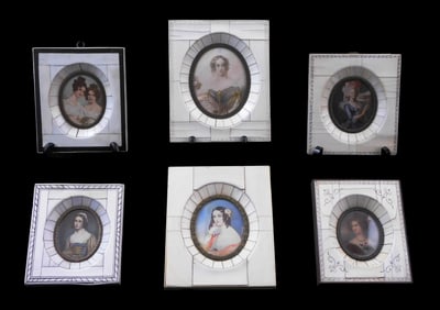 Six hand painted Continental miniatures, 19th C., all depict portraits of women with one a pair of