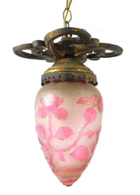 Cameo cranberry cut to frosted glass hanging light fixture, 19th/20th C., teardrop-shaped shade with