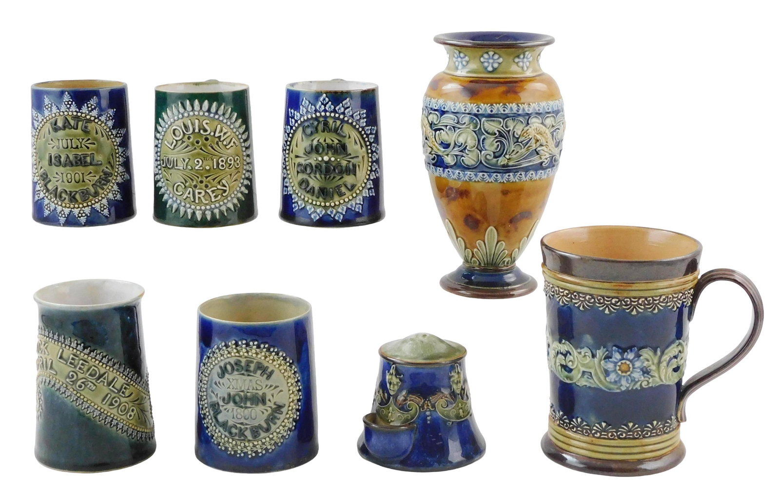 ART POTTERY: Doulton Lambeth hollowware, eight pieces, English, late 19th/ early 20th C., ceramic: ART POTTERY: Doulton Lambeth hollowware, eight pieces, English, late 19th/ early 20th C., ceramic with blue and green glaze, details include: five mug form and with dedication at front, dates range fr