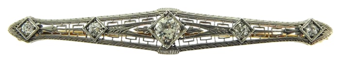 JEWELRY: Edwardian Diamond bar pin, 14K and platinum setting (stamped and tested 14K with platinum