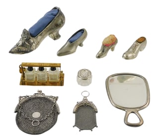 STERLING: Women's accessories and sewing cushion lot, nine pieces, includes: first, four Victorian