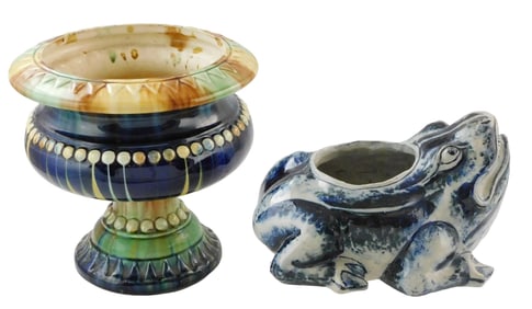 GARDEN: Two majolica planters: largest a jardinière on domed foot, glazed in tones or yellow,