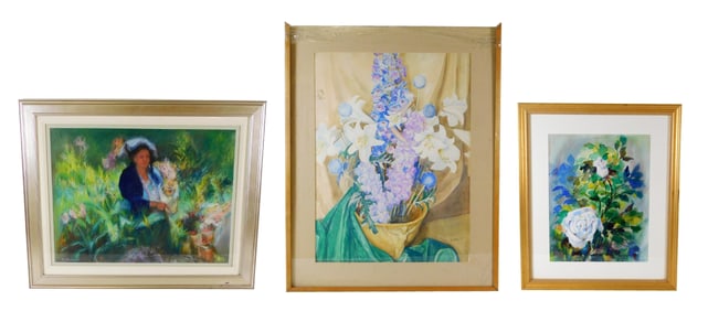 George Laurence Nelson, Evelyn Butterfield and Ramon Garcia, two framed floral watercolors and a