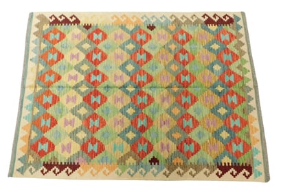 RUG: Turkish Kilim, 5' x 6' 6", wool on wool, polychrome geometric design on wheat ground with