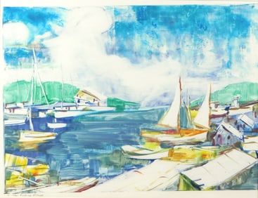 James P. Kerr (American, b. 1953), "The Fishing Village", monoprint, titled bottom left, artist