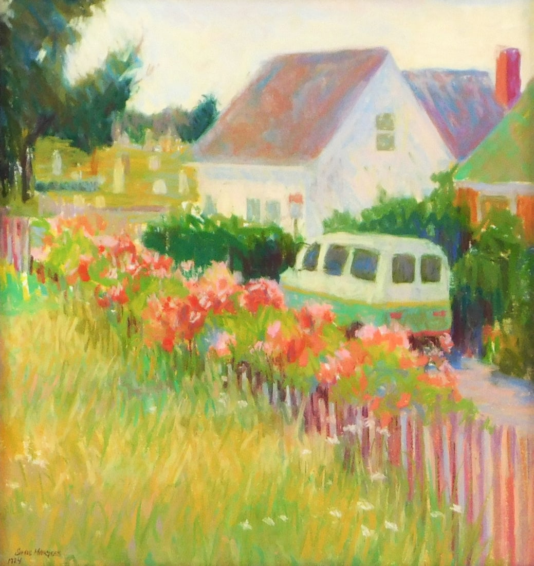 Simie Maryles, "Rambling Rose, Cloudy Day", pastel on paper, 1984, signed and dated on lower left,: Simie Maryles, "Rambling Rose, Cloudy Day", pastel on paper, 1984, signed and dated on lower left, artist labels on verso, matted and framed, depicts a lush grass lawn and pink flowers engulfing fence
