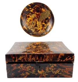 ASIAN: Tortoiseshell lap desk and bowl, possibly Meiji period, featuring: bowl with peacock and